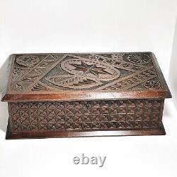 Antique Wooden Box Large Chip Carved Wood Trinket Jewellery Treasure Holder (t3)