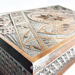 Antique Wooden Box Large Chip Carved Wood Trinket Jewellery Treasure Holder (t3)