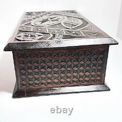 Antique Wooden Box Large Chip Carved Wood Trinket Jewellery Treasure Holder (t3)