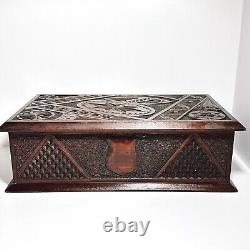 Antique Wooden Box Large Chip Carved Wood Trinket Jewellery Treasure Holder (t3)