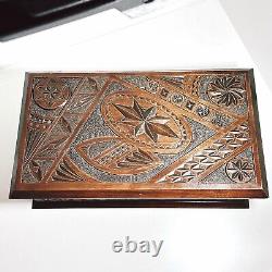 Antique Wooden Box Large Chip Carved Wood Trinket Jewellery Treasure Holder (t3)