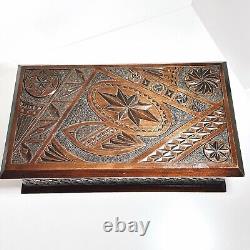 Antique Wooden Box Large Chip Carved Wood Trinket Jewellery Treasure Holder (t3)