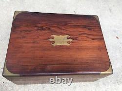 Antique roewood campaign style box brass bound inlaid jewelry english 1850