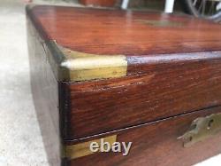 Antique roewood campaign style box brass bound inlaid jewelry english 1850