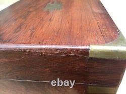 Antique roewood campaign style box brass bound inlaid jewelry english 1850