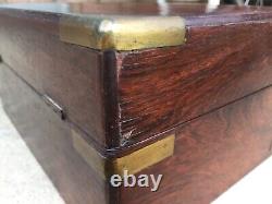 Antique roewood campaign style box brass bound inlaid jewelry english 1850