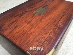 Antique roewood campaign style box brass bound inlaid jewelry english 1850