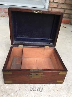 Antique roewood campaign style box brass bound inlaid jewelry english 1850