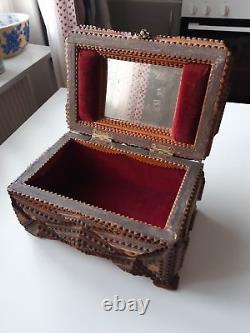 Antique tramp Art wood and velvet box with mirror