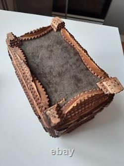 Antique tramp Art wood and velvet box with mirror