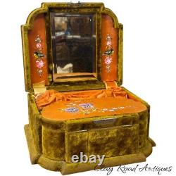 Antique victorian silk embroidered flowers birds velvet Jewelry box 19th