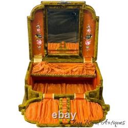 Antique victorian silk embroidered flowers birds velvet Jewelry box 19th