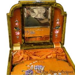 Antique victorian silk embroidered flowers birds velvet Jewelry box 19th