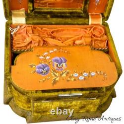 Antique victorian silk embroidered flowers birds velvet Jewelry box 19th Antique victorian silk embroidered flowers birds velvet Jewelry box 19th