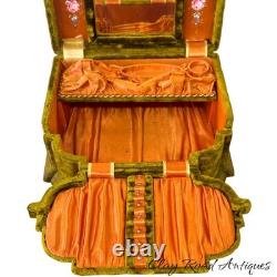 Antique victorian silk embroidered flowers birds velvet Jewelry box 19th