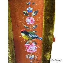 Antique victorian silk embroidered flowers birds velvet Jewelry box 19th