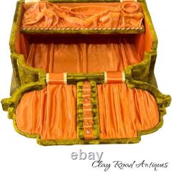 Antique victorian silk embroidered flowers birds velvet Jewelry box 19th