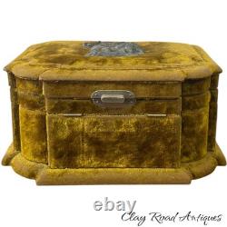 Antique victorian silk embroidered flowers birds velvet Jewelry box 19th