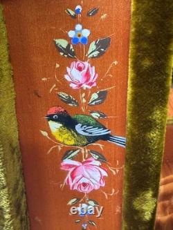 Antique victorian silk embroidered flowers birds velvet Jewelry box 19th