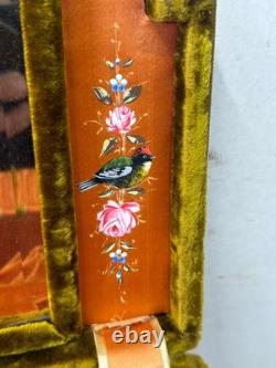 Antique victorian silk embroidered flowers birds velvet Jewelry box 19th