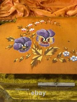 Antique victorian silk embroidered flowers birds velvet Jewelry box 19th
