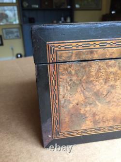 Antique vintage tea caddy english tunbridge box inlaid burl 1850 victorian