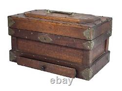 Antique walnut jewelry box documents collectors brass folk art 1900s compartment