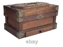 Antique walnut jewelry box documents collectors brass folk art 1900s compartment