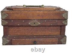 Antique walnut jewelry box documents collectors brass folk art 1900s compartment