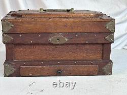 Antique walnut jewelry box documents collectors brass folk art 1900s compartment