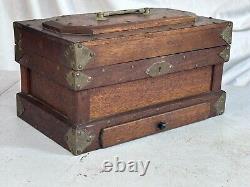 Antique walnut jewelry box documents collectors brass folk art 1900s compartment