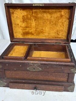 Antique walnut jewelry box documents collectors brass folk art 1900s compartment