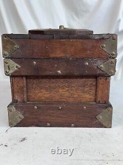 Antique walnut jewelry box documents collectors brass folk art 1900s compartment