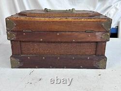 Antique walnut jewelry box documents collectors brass folk art 1900s compartment