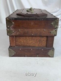 Antique walnut jewelry box documents collectors brass folk art 1900s compartment