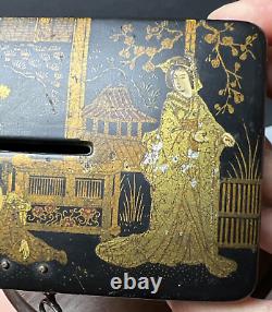 Asian Black & Gold Lacquer Wood Chinoiserie Money Box withKey Vintage/Antique