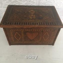 Beautiful Antique Inlaid Wooden Box with Heart And Flowers L 11