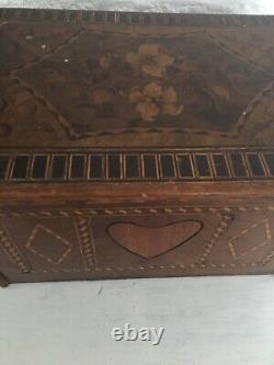 Beautiful Antique Inlaid Wooden Box with Heart And Flowers L 11