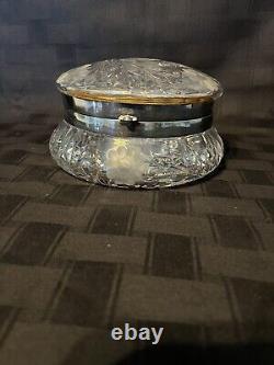 Beautiful Vintage Cut Crystal Round Dresser Trinket, Large Jewelry Hinged Box