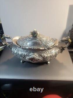 Beautiful Vintage Intricate Italian Mod DEP Pewter Trinket Box Porcelain Gold