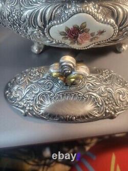 Beautiful Vintage Intricate Italian Mod DEP Pewter Trinket Box Porcelain Gold