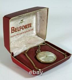 Belforte Mens Pocket Watch 17J Manual Wind Gold Tone Red Plastic Box Vintage