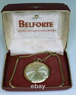 Belforte Mens Pocket Watch 17J Manual Wind Gold Tone Red Plastic Box Vintage