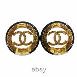 CHANEL CC Logos Circle Used Earrings Black Clip-On 97A France #AF248 S