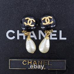 CHANEL CC Logos Pearl Used Earrings Black Gold Clip-On 96P Vintage #BK797 S