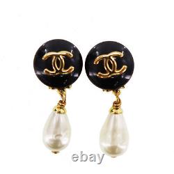 CHANEL CC Logos Pearl Used Earrings Black Gold Clip-On 96P Vintage #BK797 S