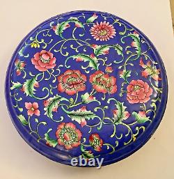 Chinese ART NOUVEAU COPPER BLUE FLORAL KWANGCHOW CANTON ENAMEL WARES ROUND BOX