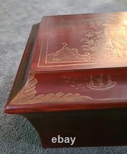 Chinoiserie Keepsake Box Red Lacquer Large Vintage Hand Painted 10 x 14 x 7