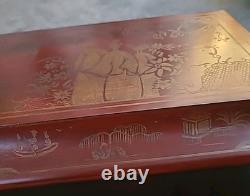 Chinoiserie Keepsake Box Red Lacquer Large Vintage Hand Painted 10 x 14 x 7