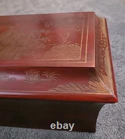 Chinoiserie Keepsake Box Red Lacquer Large Vintage Hand Painted 10 x 14 x 7
